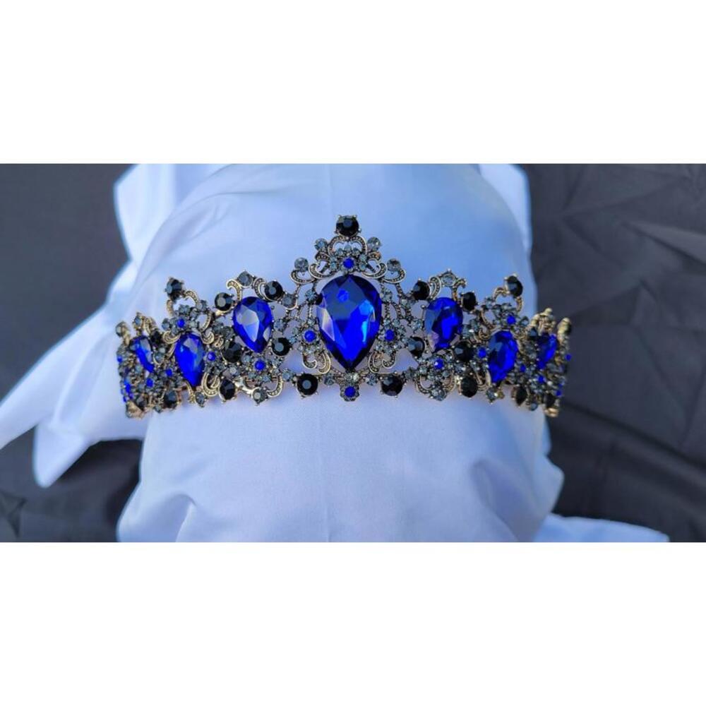 Dark Royal Blue Crystal Tiara Bridal Crown Birthday Wedding Gift Diadem Vintage